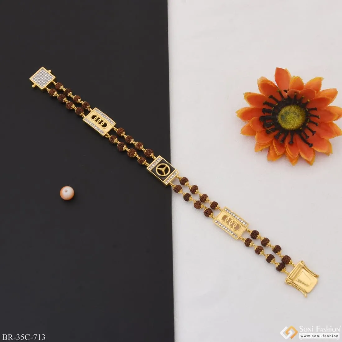1 Gram Gold Plated Triangle Popular Design Rudraksha Bracelet for Men - Style C713