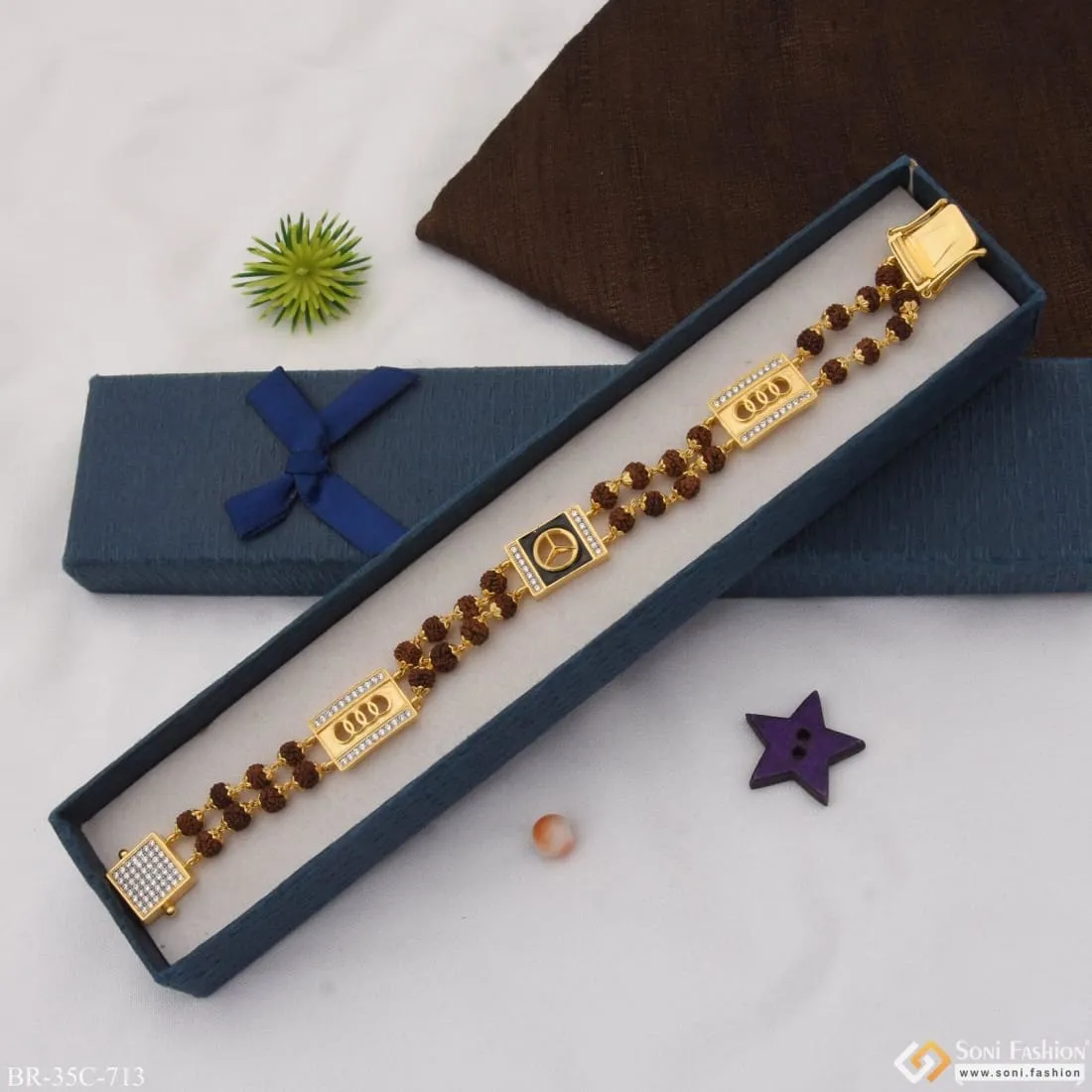 1 Gram Gold Plated Triangle Popular Design Rudraksha Bracelet for Men - Style C713