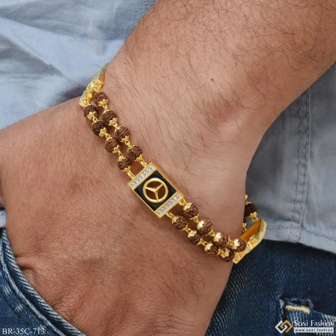 1 Gram Gold Plated Triangle Popular Design Rudraksha Bracelet for Men - Style C713