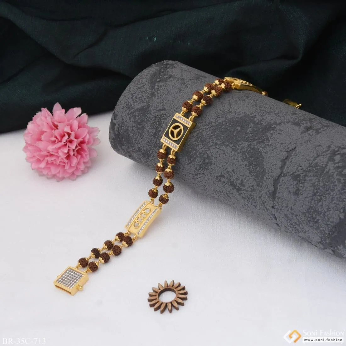 1 Gram Gold Plated Triangle Popular Design Rudraksha Bracelet for Men - Style C713