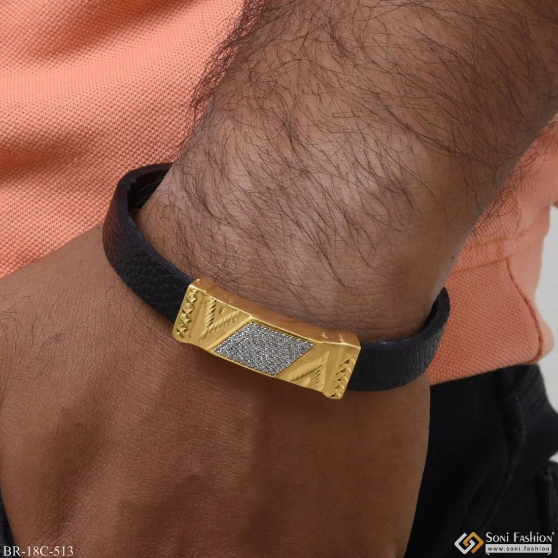 1 Gram Gold Plated with Diamond Artisanal Design Bracelet for Men - Style C513