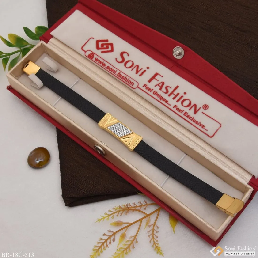1 Gram Gold Plated with Diamond Artisanal Design Bracelet for Men - Style C513