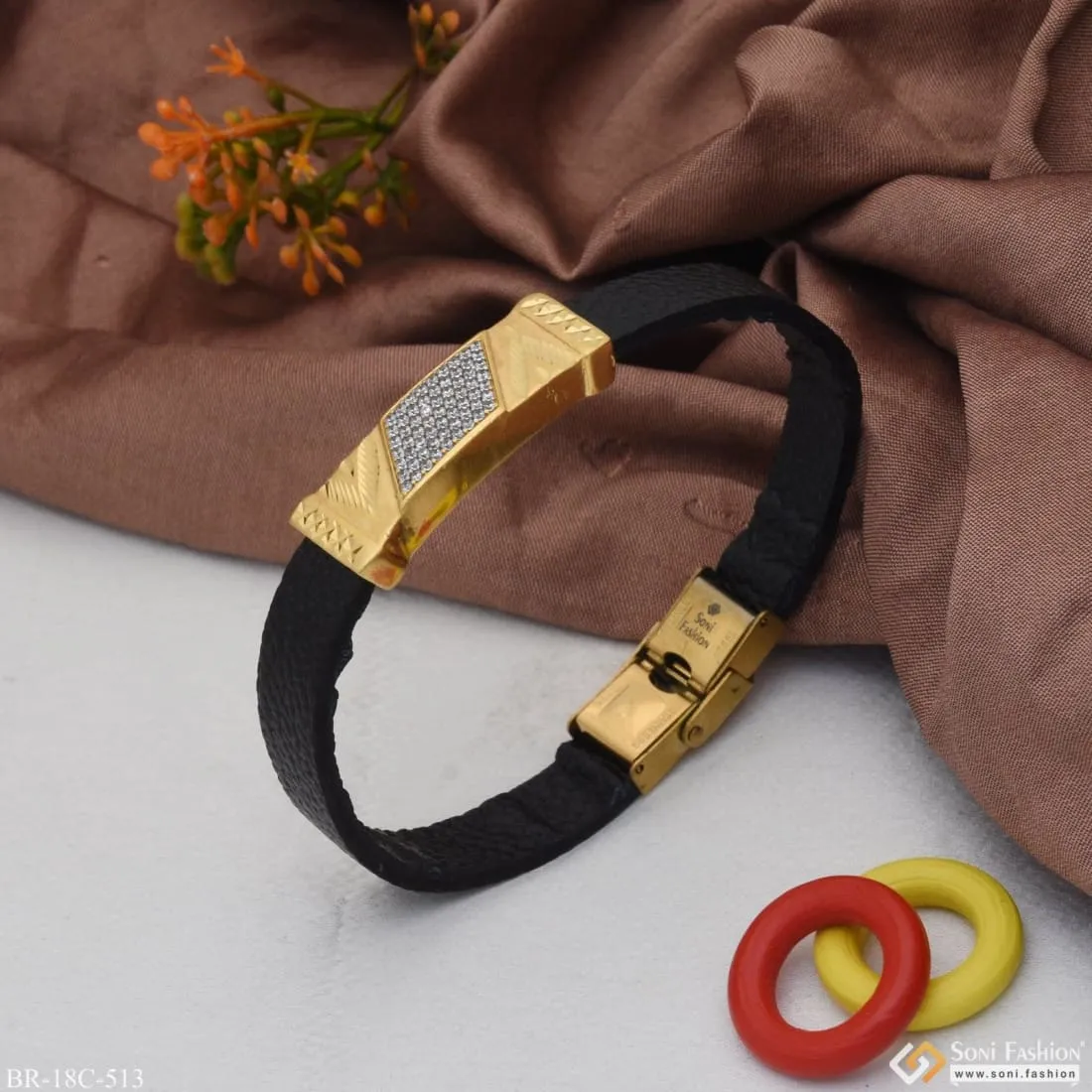 1 Gram Gold Plated with Diamond Artisanal Design Bracelet for Men - Style C513