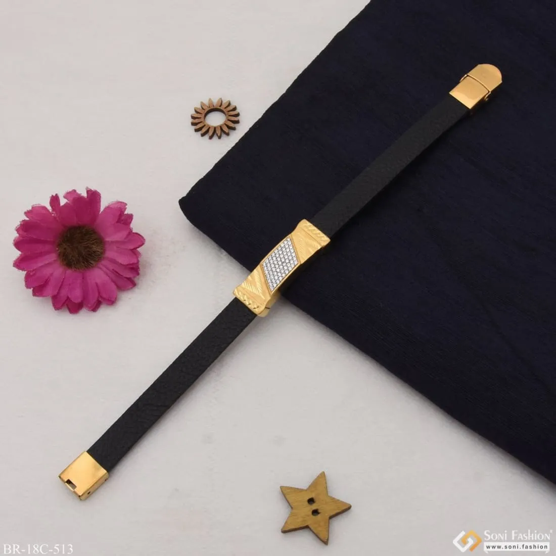 1 Gram Gold Plated with Diamond Artisanal Design Bracelet for Men - Style C513