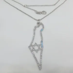 14K Gold Israel Map Diamond and Blue Topaz Necklace