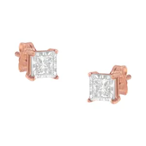 14K Rose Gold Plated Two-Tone .925 Sterling Silver 1/2 Cttw Princess-Cut Square Near Colorless Diamond Solitaire Miracle-Plate Stud Earrings (J-K Color, I2-I3 Clarity)