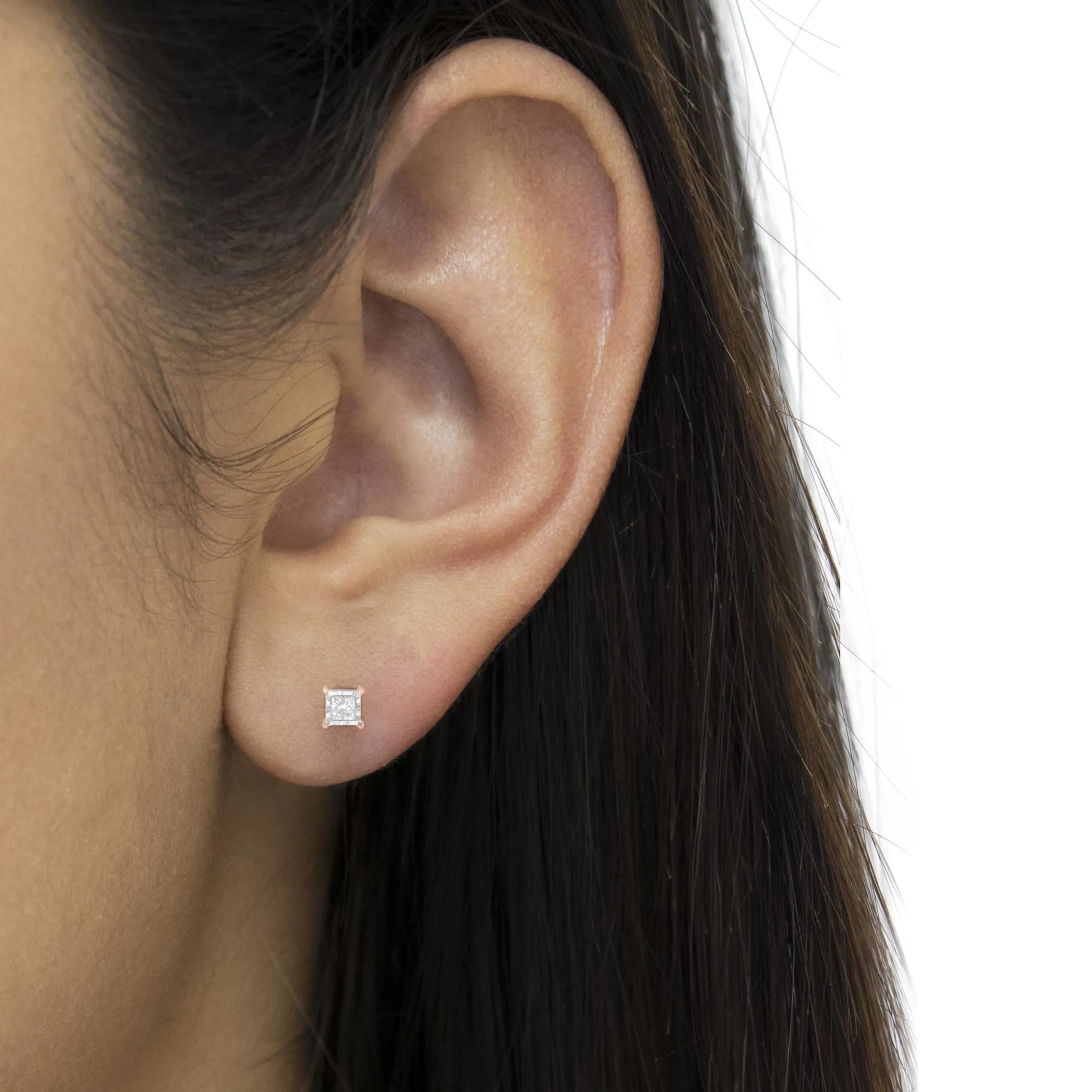14K Rose Gold Plated Two-Tone .925 Sterling Silver 1/2 Cttw Princess-Cut Square Near Colorless Diamond Solitaire Miracle-Plate Stud Earrings (J-K Color, I2-I3 Clarity)