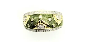 14k Yellow Gold DCPs Green Enamel 2 Row Flower Ring