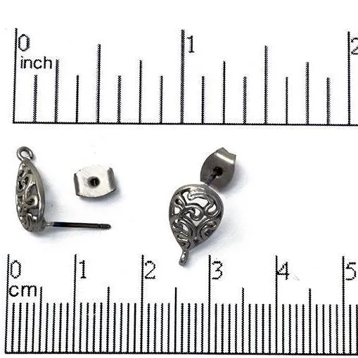 14mm Filigree Teardrop Post Earring with Loop - Satin Rhodium Silver Finish - Earnut Included - Nickel Free - Sold by the Piece - KE-4