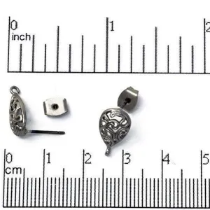 14mm Filigree Teardrop Post Earring with Loop - Satin Rhodium Silver Finish - Earnut Included - Nickel Free - Sold by the Piece - KE-4
