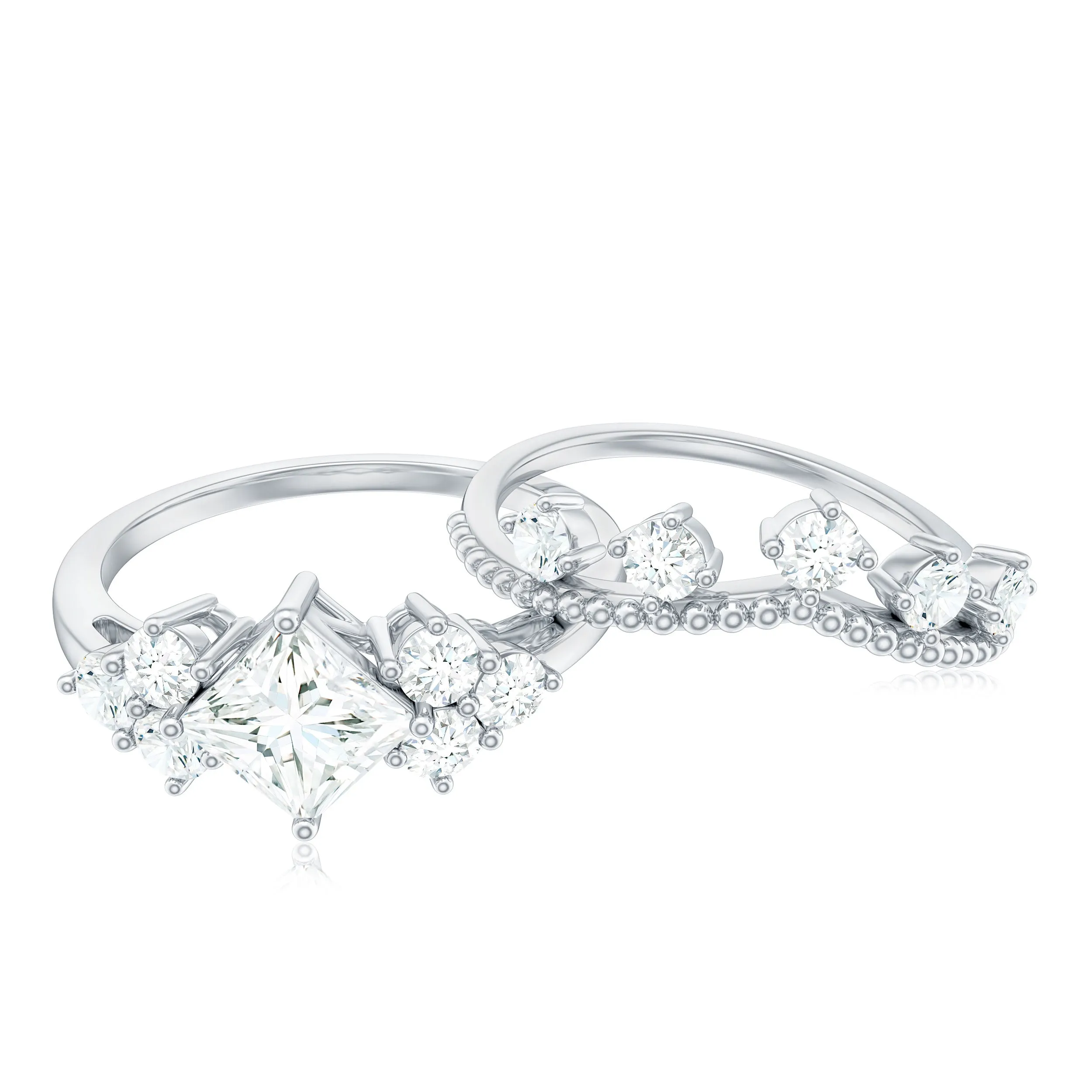 1.75 CT Princess and Round Cut Moissanite Wedding Ring Set