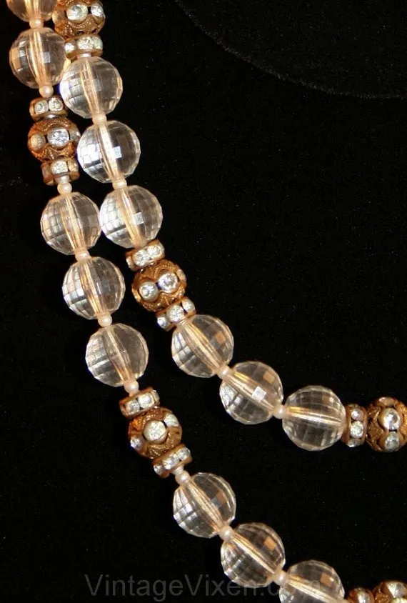 1950s Beaded Filigree Necklace & Earrings - Clear Faceted Beads - 50s Demi Parure - Sophisticated Mid Century Classic Jewelry - 34011