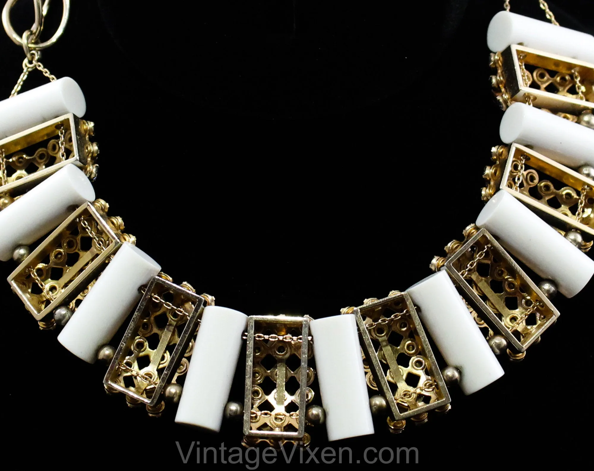 1950s Mid Century Parure - Big Pink & Blue Rhinestones with Chunky White Plastic Columns - 50s Necklace, Bracelet, Clip Earrings MCM Set