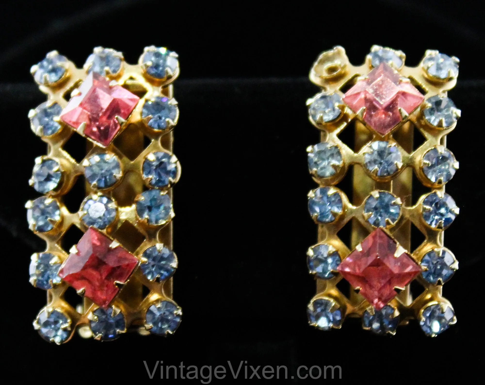 1950s Mid Century Parure - Big Pink & Blue Rhinestones with Chunky White Plastic Columns - 50s Necklace, Bracelet, Clip Earrings MCM Set