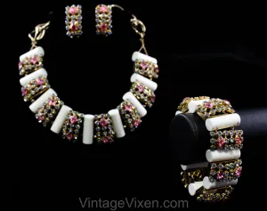 1950s Mid Century Parure - Big Pink & Blue Rhinestones with Chunky White Plastic Columns - 50s Necklace, Bracelet, Clip Earrings MCM Set