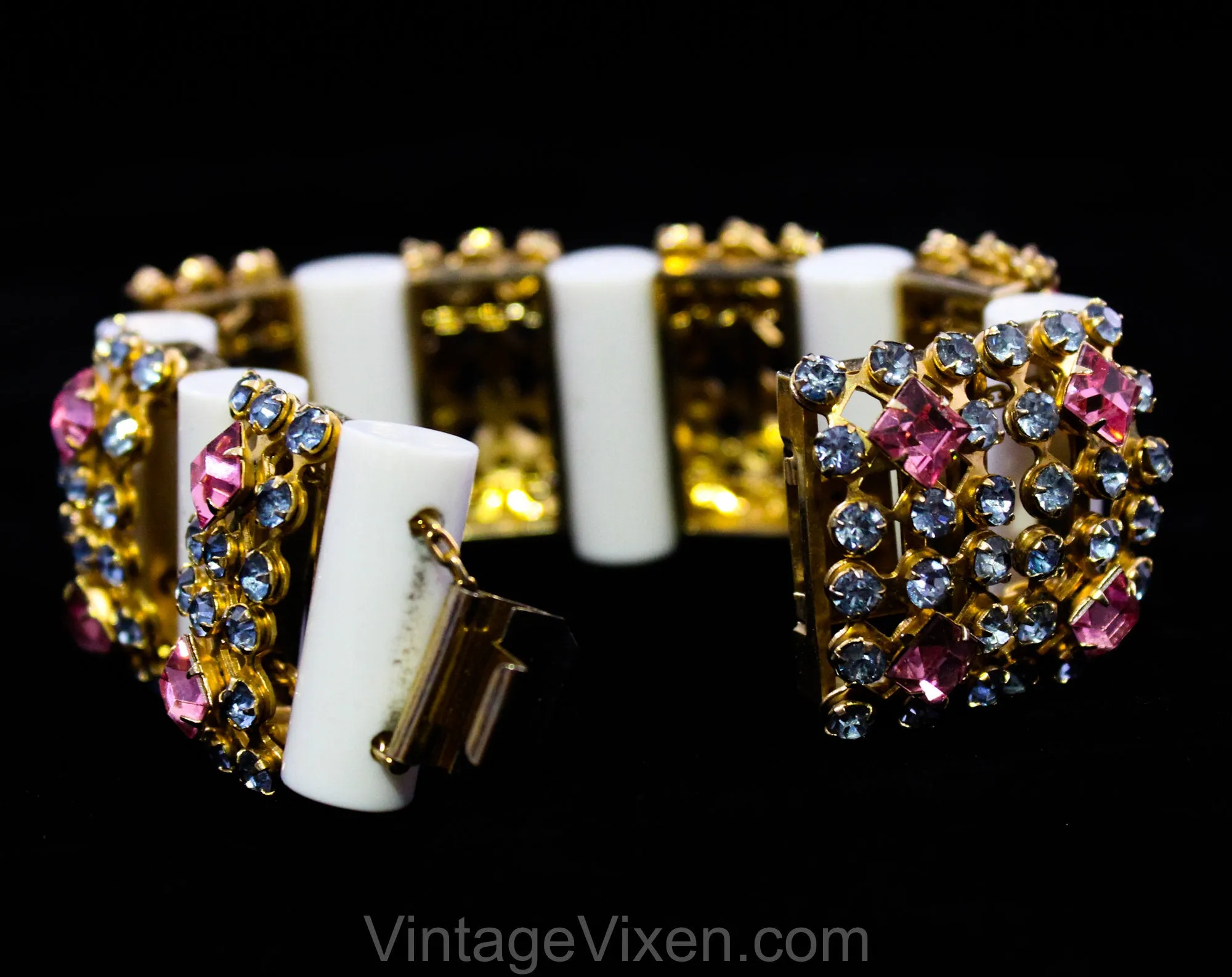 1950s Mid Century Parure - Big Pink & Blue Rhinestones with Chunky White Plastic Columns - 50s Necklace, Bracelet, Clip Earrings MCM Set