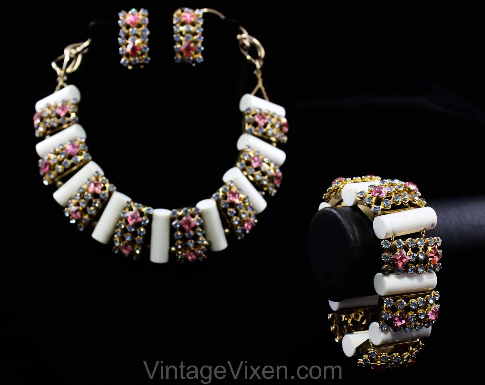 1950s Mid Century Parure - Big Pink & Blue Rhinestones with Chunky White Plastic Columns - 50s Necklace, Bracelet, Clip Earrings MCM Set