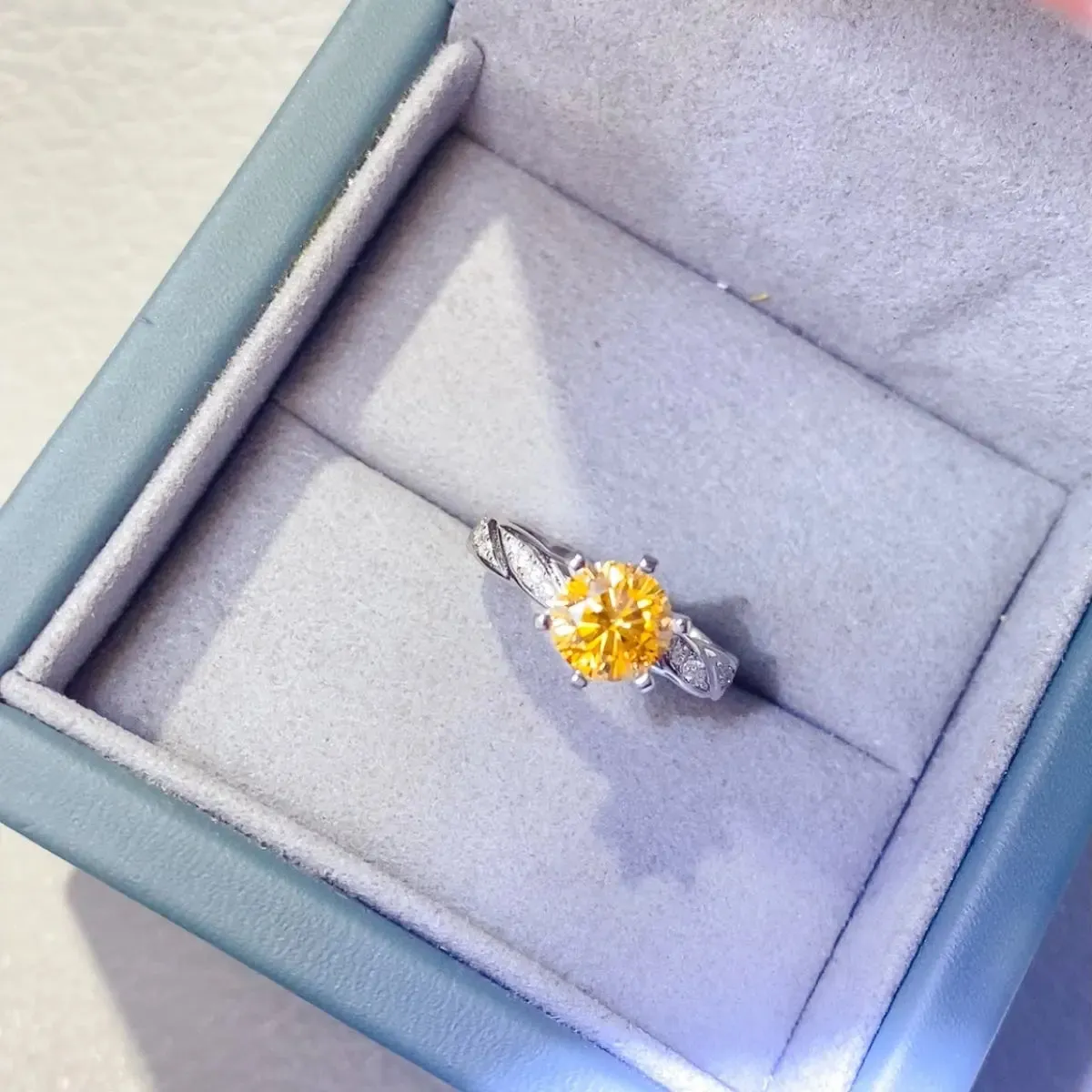 2 Carat Yellow Moissanite 925 Sterling Silver and Zircon Ring