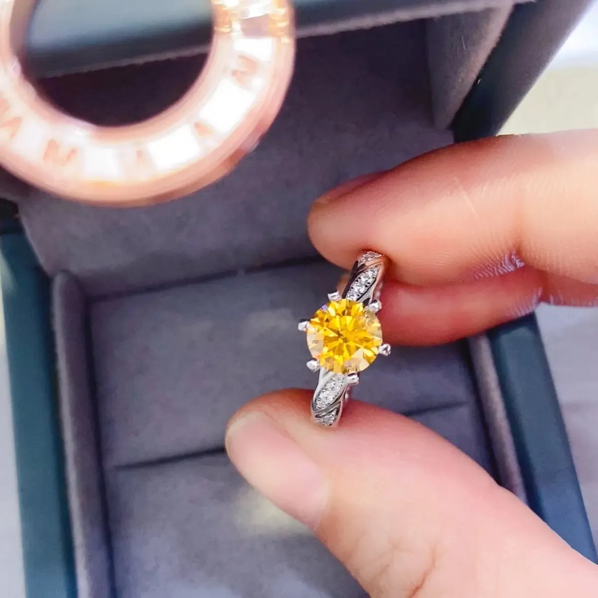 2 Carat Yellow Moissanite 925 Sterling Silver and Zircon Ring