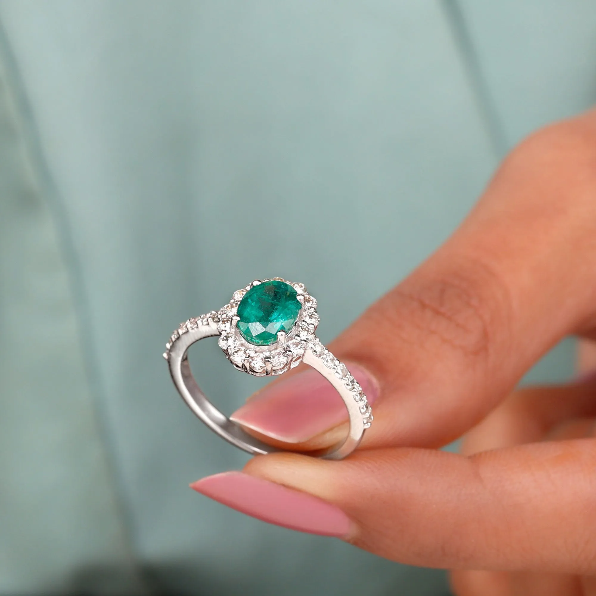 2.50 CT Oval Shape Created Emerald Ring with Moissanite Halo