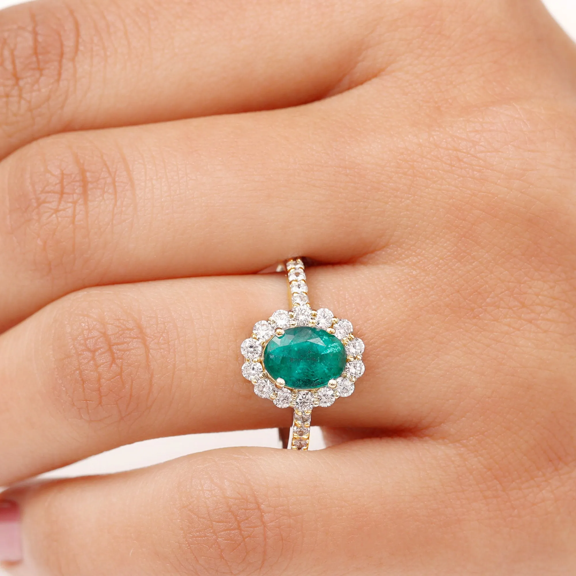 2.50 CT Oval Shape Created Emerald Ring with Moissanite Halo