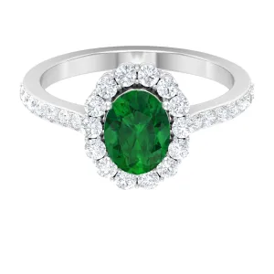 2.50 CT Oval Shape Created Emerald Ring with Moissanite Halo