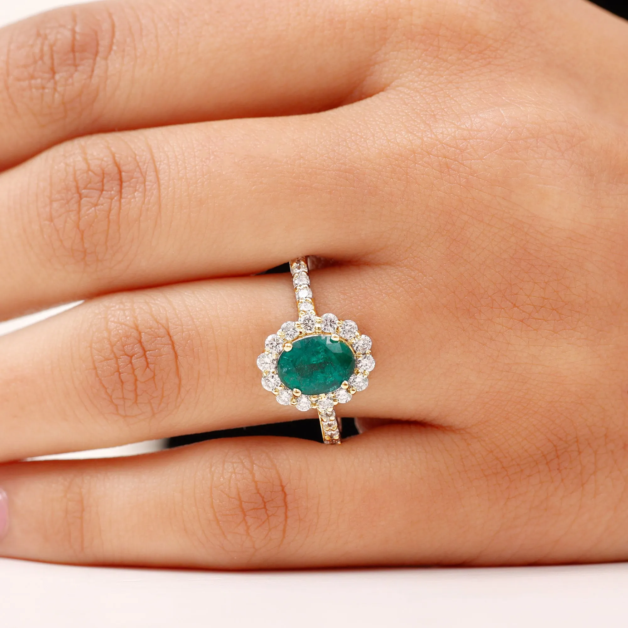 2.50 CT Oval Shape Created Emerald Ring with Moissanite Halo
