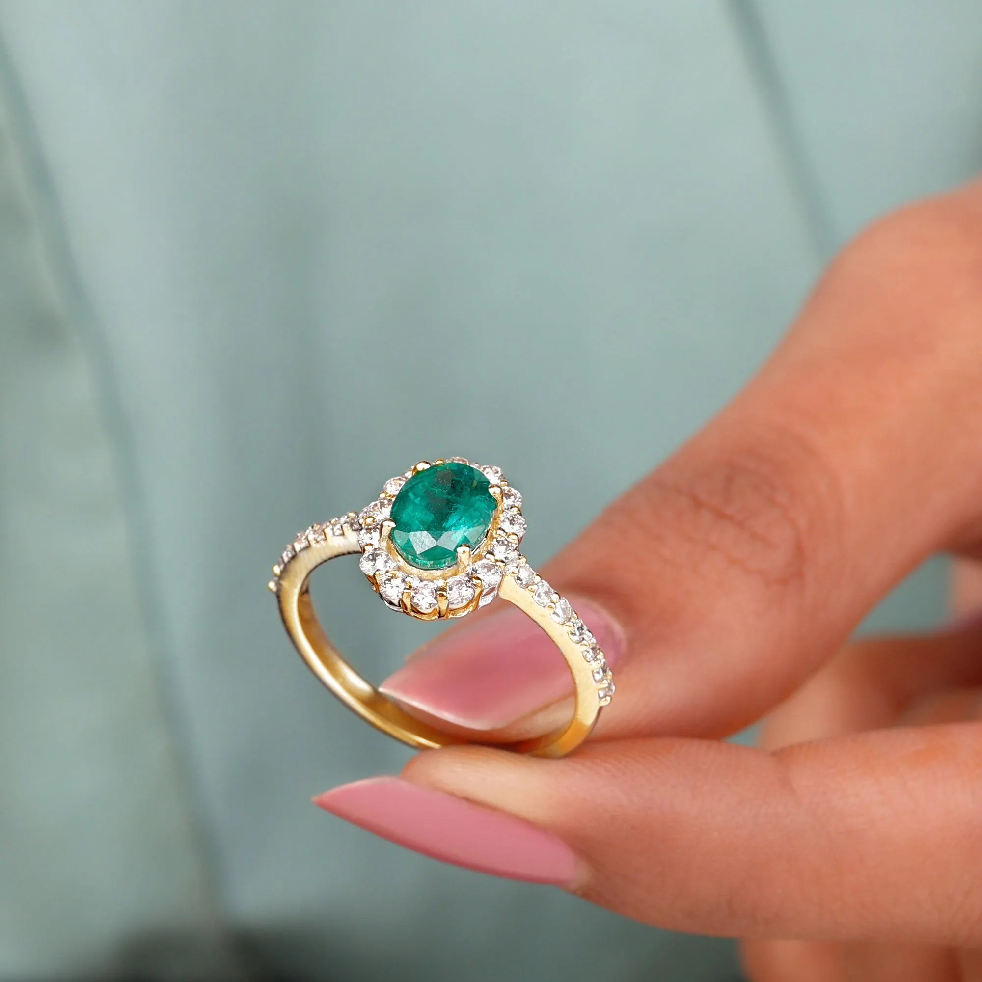 2.50 CT Oval Shape Created Emerald Ring with Moissanite Halo