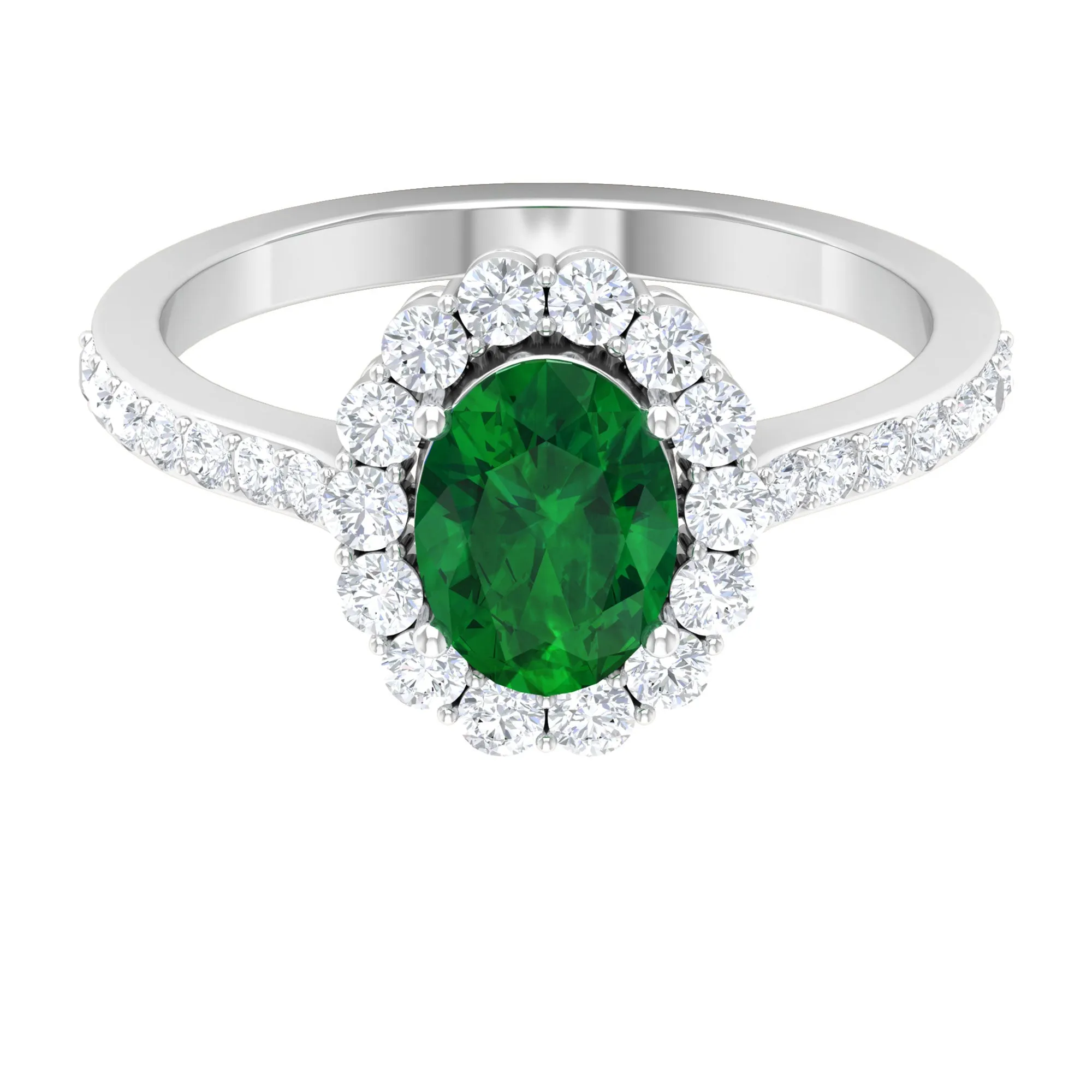2.50 CT Oval Shape Created Emerald Ring with Moissanite Halo