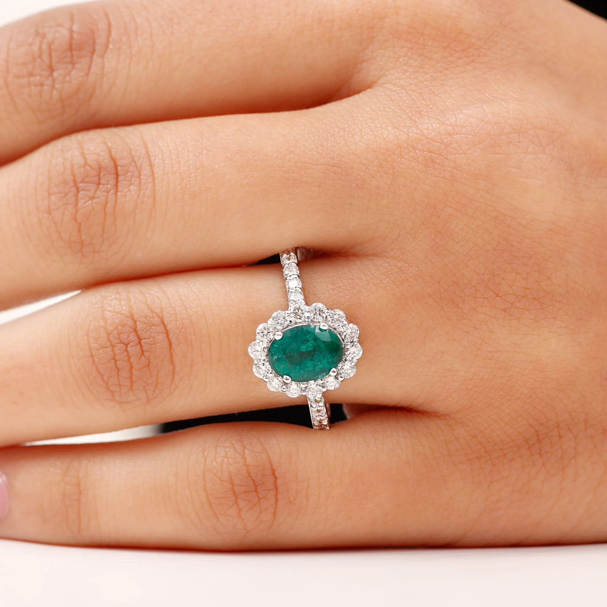 2.50 CT Oval Shape Created Emerald Ring with Moissanite Halo