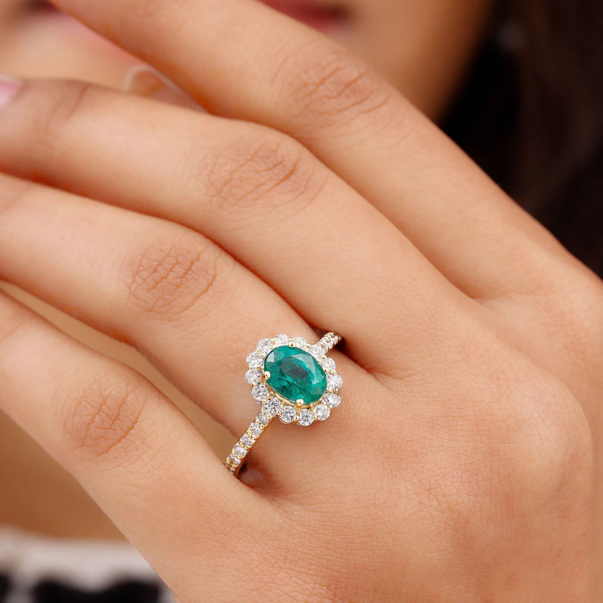 2.50 CT Oval Shape Created Emerald Ring with Moissanite Halo
