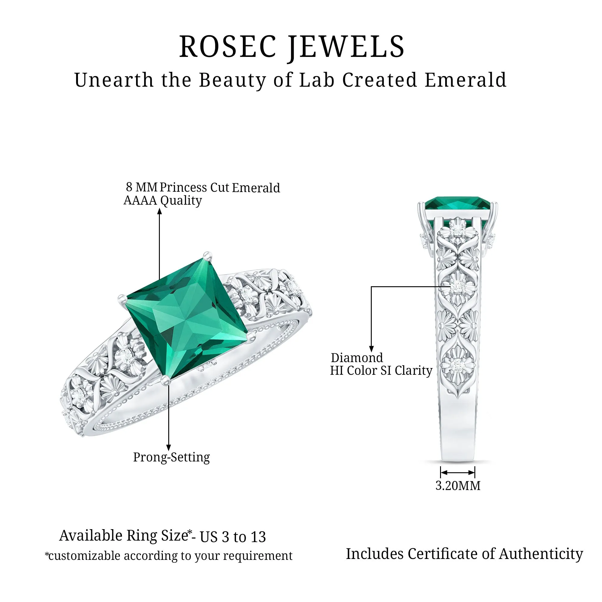 2.50 CT Princess Cut Created Emerald Solitaire Ring with Diamond