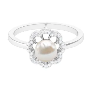 2.75 CT Freshwater Pearl Engagement Ring with Diamond Floral Halo