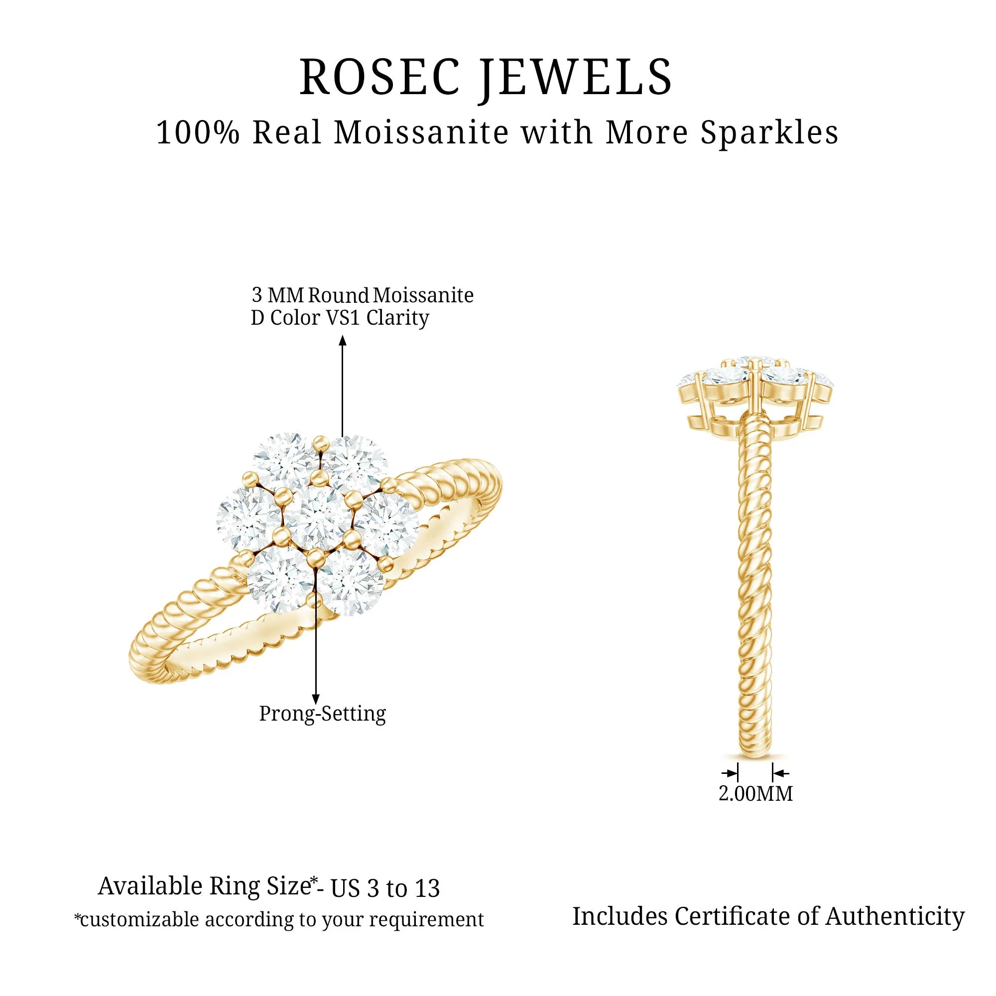 3/4 CT Moissanite Floral Cluster Ring with Twisted Rope Details