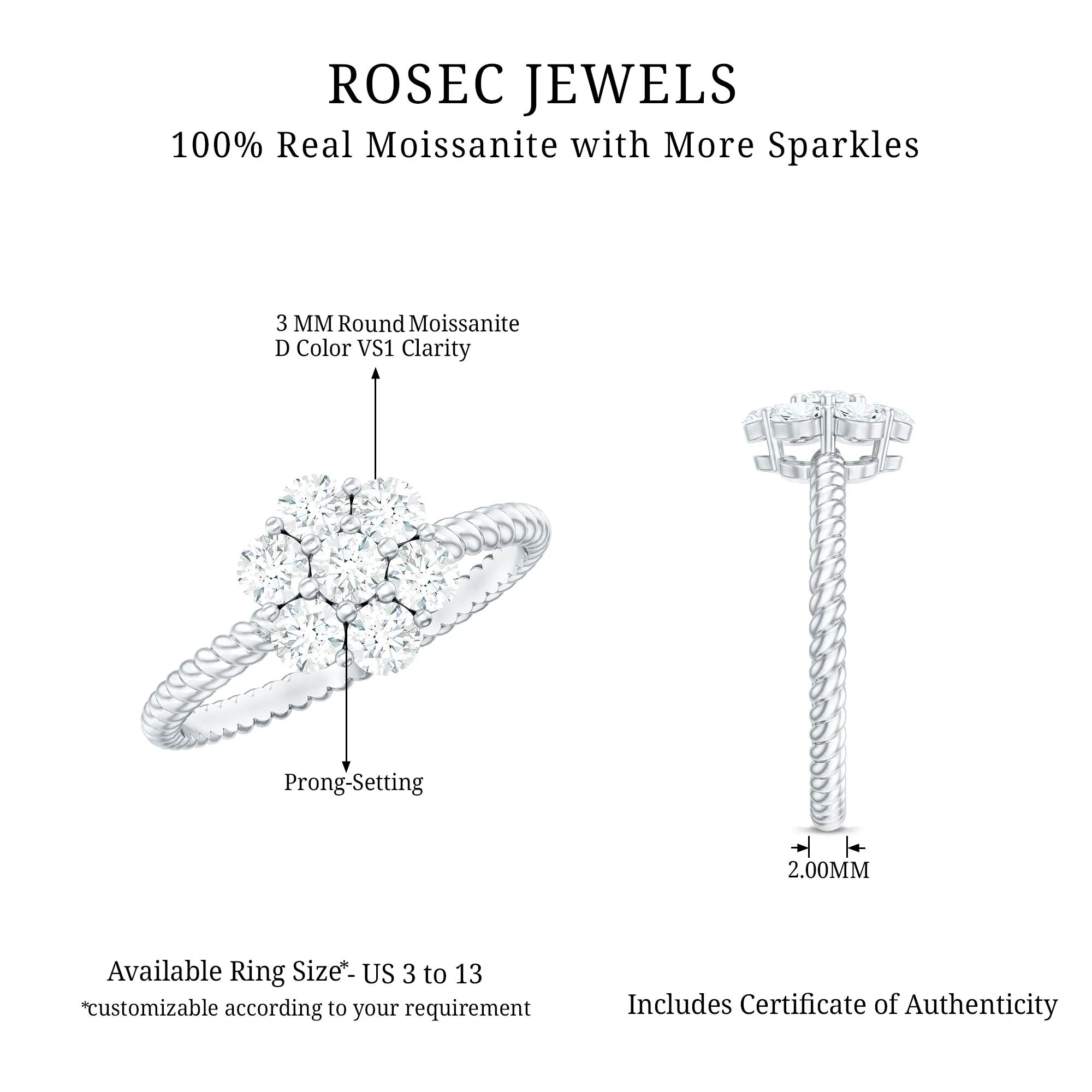 3/4 CT Moissanite Floral Cluster Ring with Twisted Rope Details