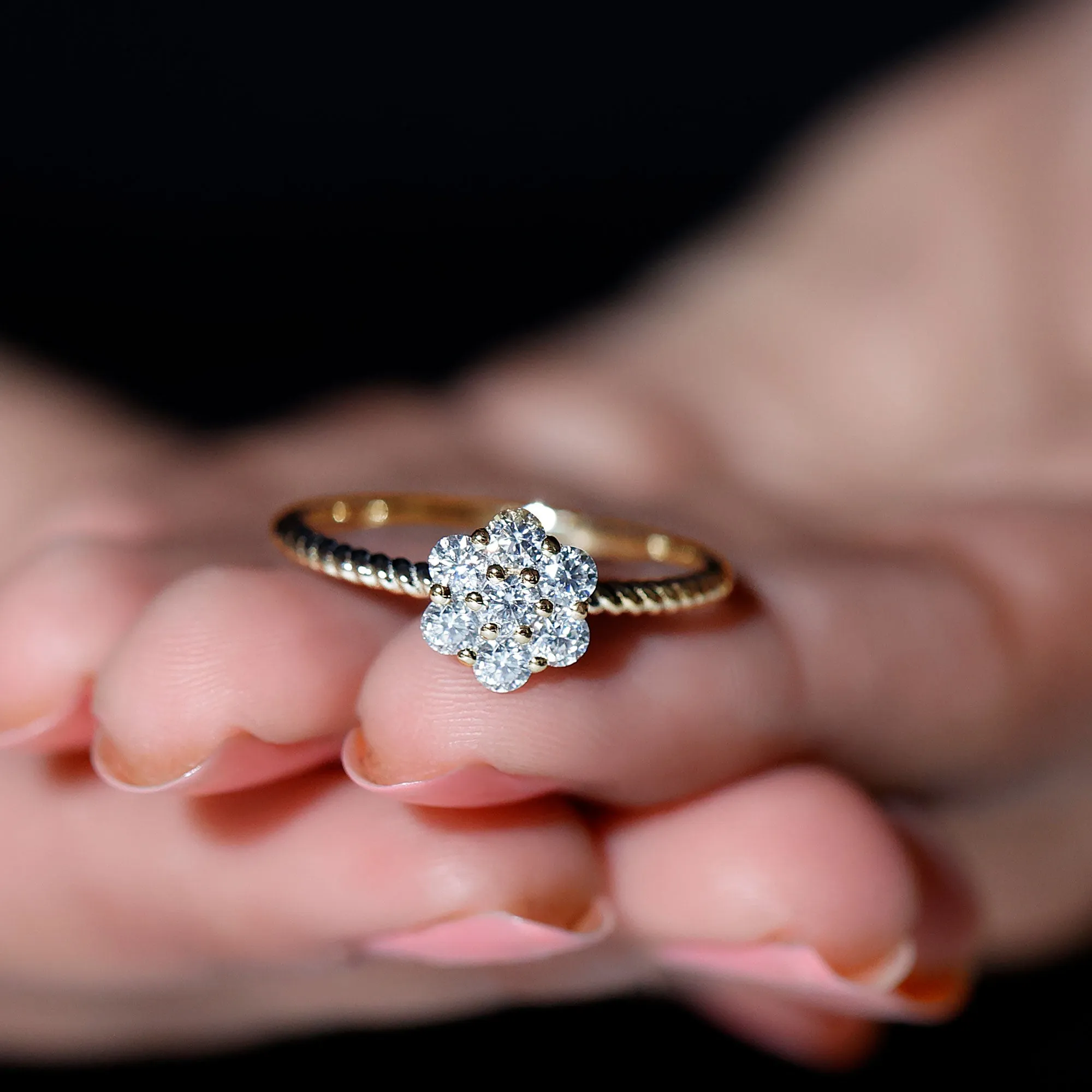 3/4 CT Moissanite Floral Cluster Ring with Twisted Rope Details