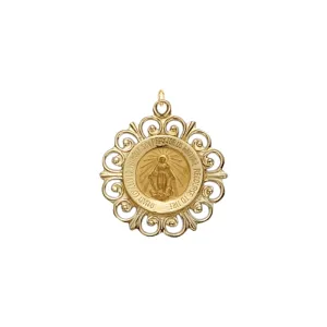 3/4 Inch 14KT Gold Round Polished Border Curled Filigree Miraculous Medal