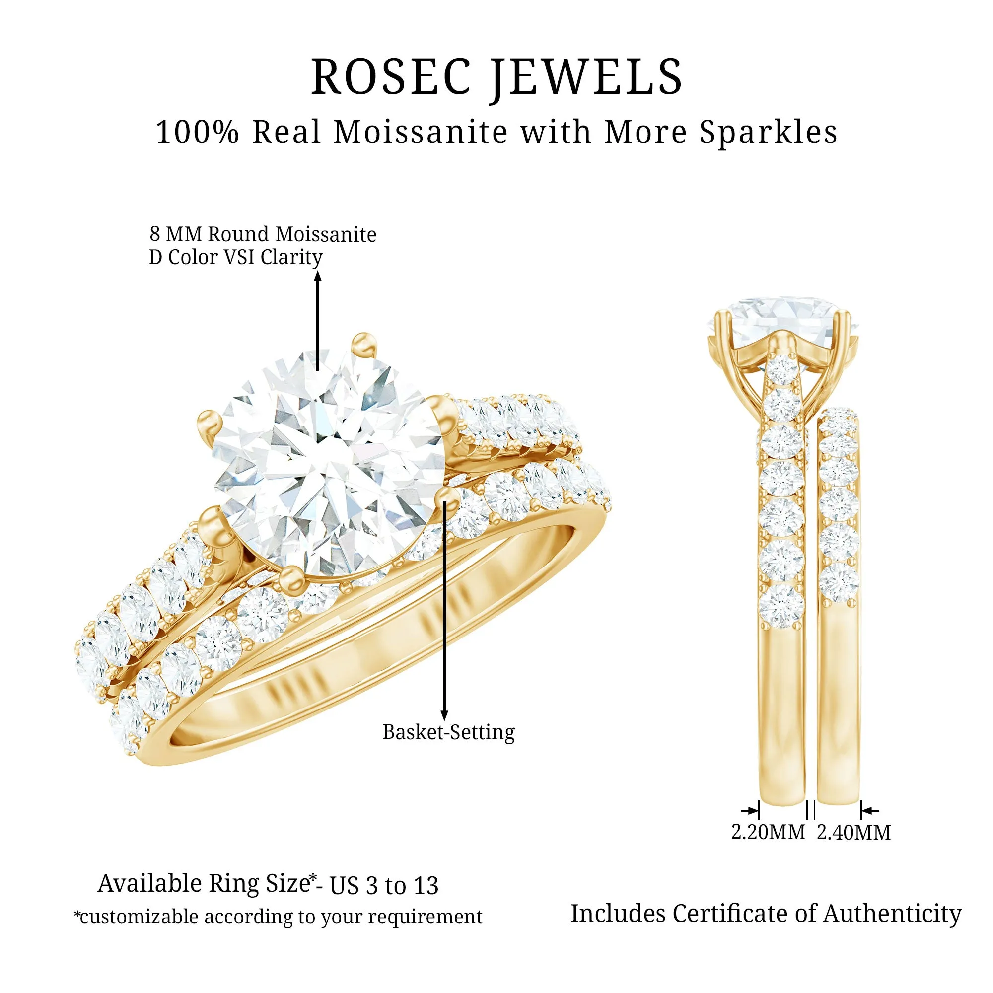4.25 CT Moissanite Solitaire Eternity Engagement Ring Set