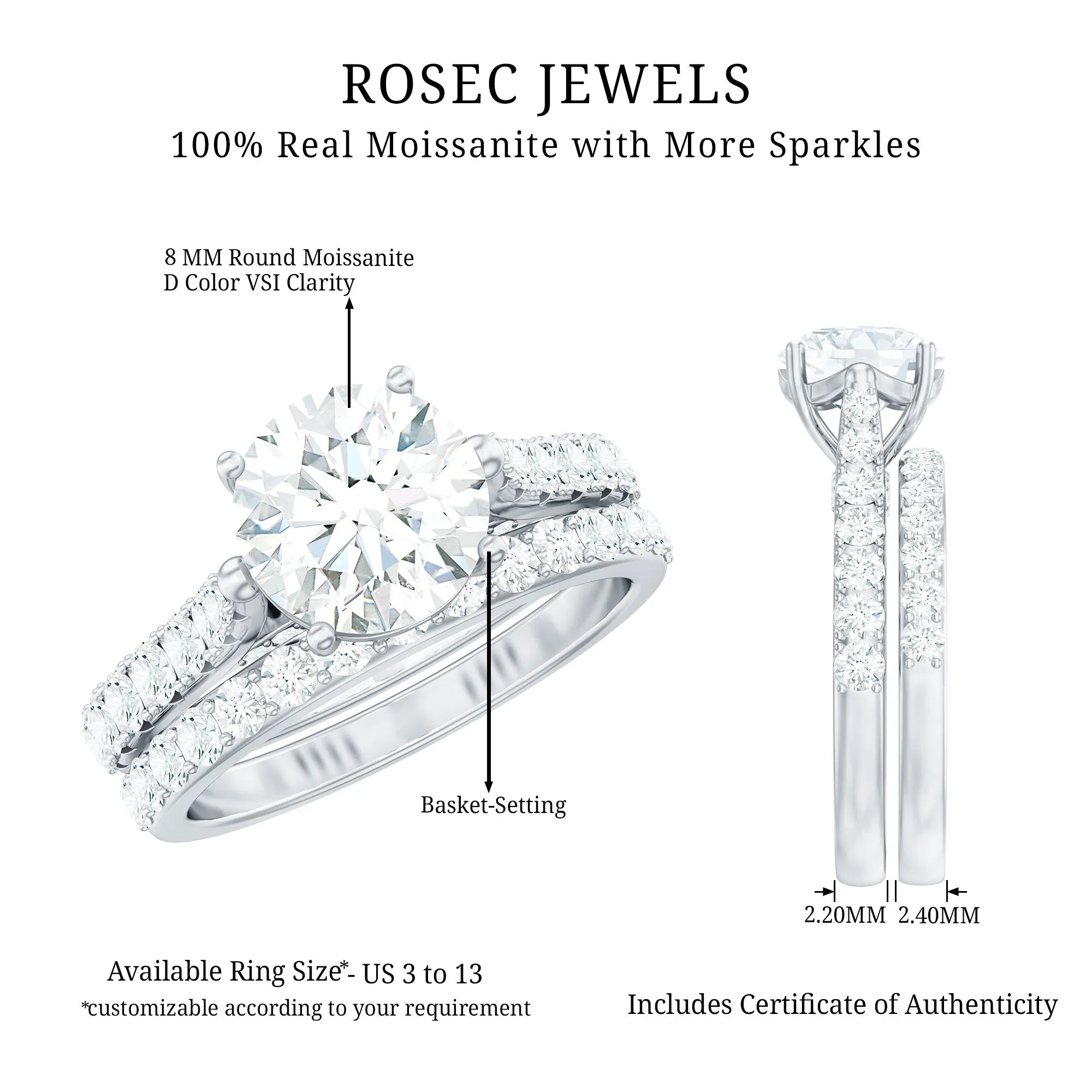 4.25 CT Moissanite Solitaire Eternity Engagement Ring Set