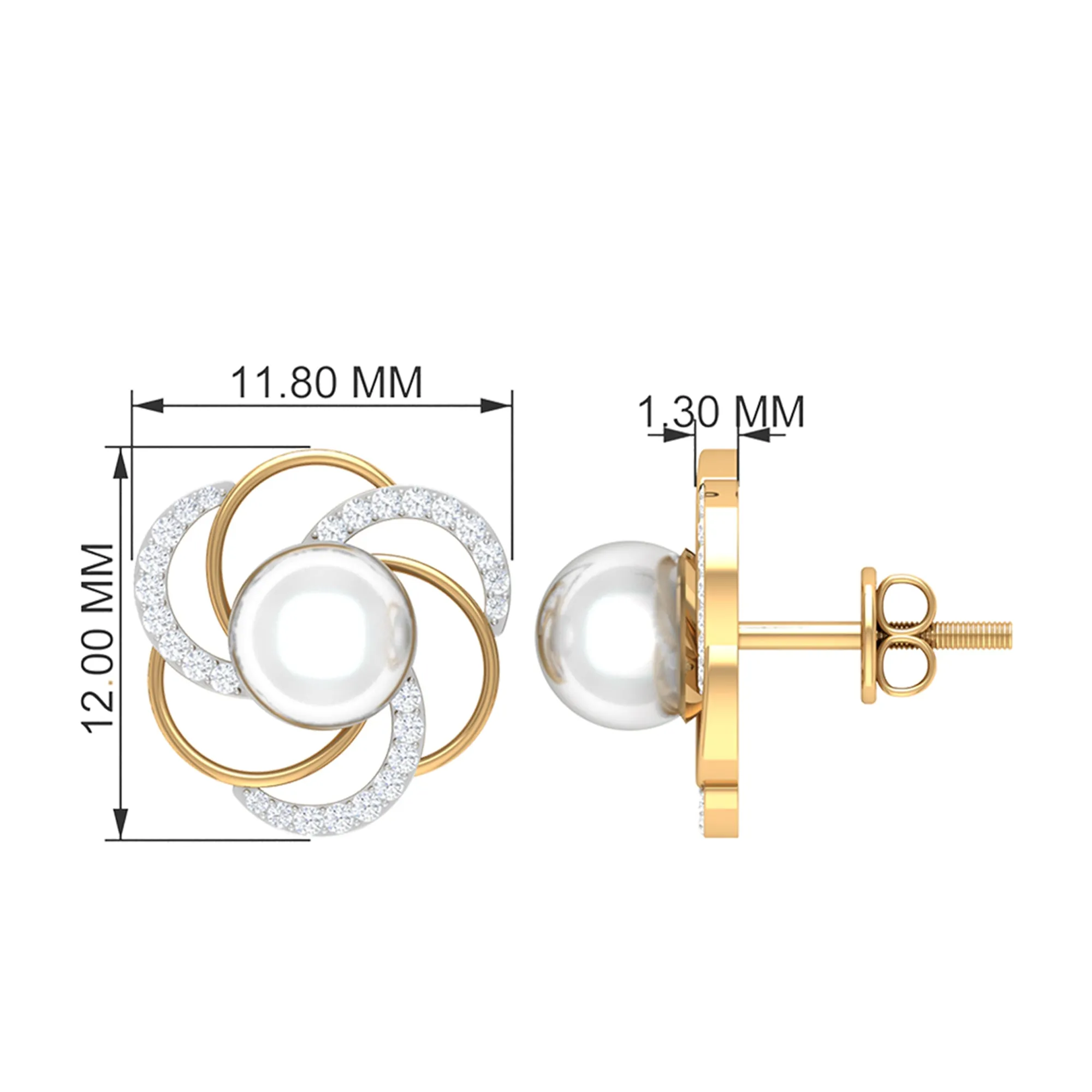 6 MM Round Freshwater Pearl Solitaire Floral Stud Earrings with Diamond Accent