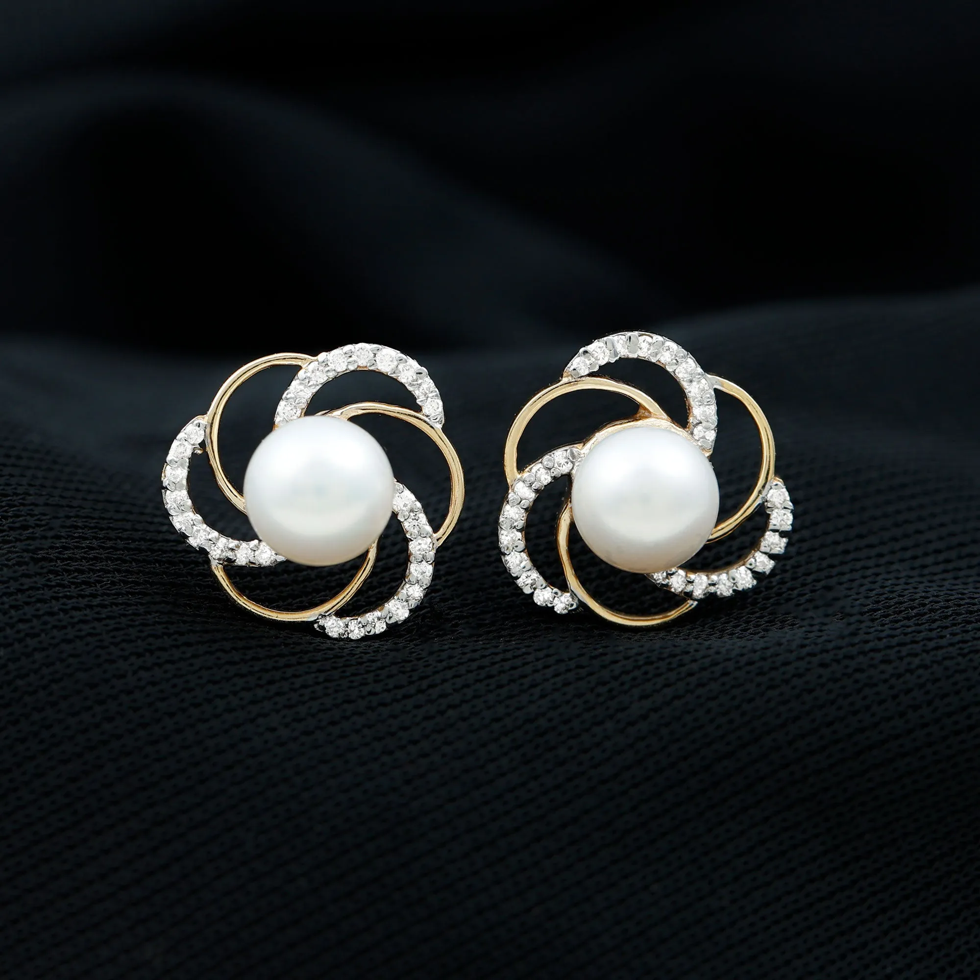 6 MM Round Freshwater Pearl Solitaire Floral Stud Earrings with Diamond Accent