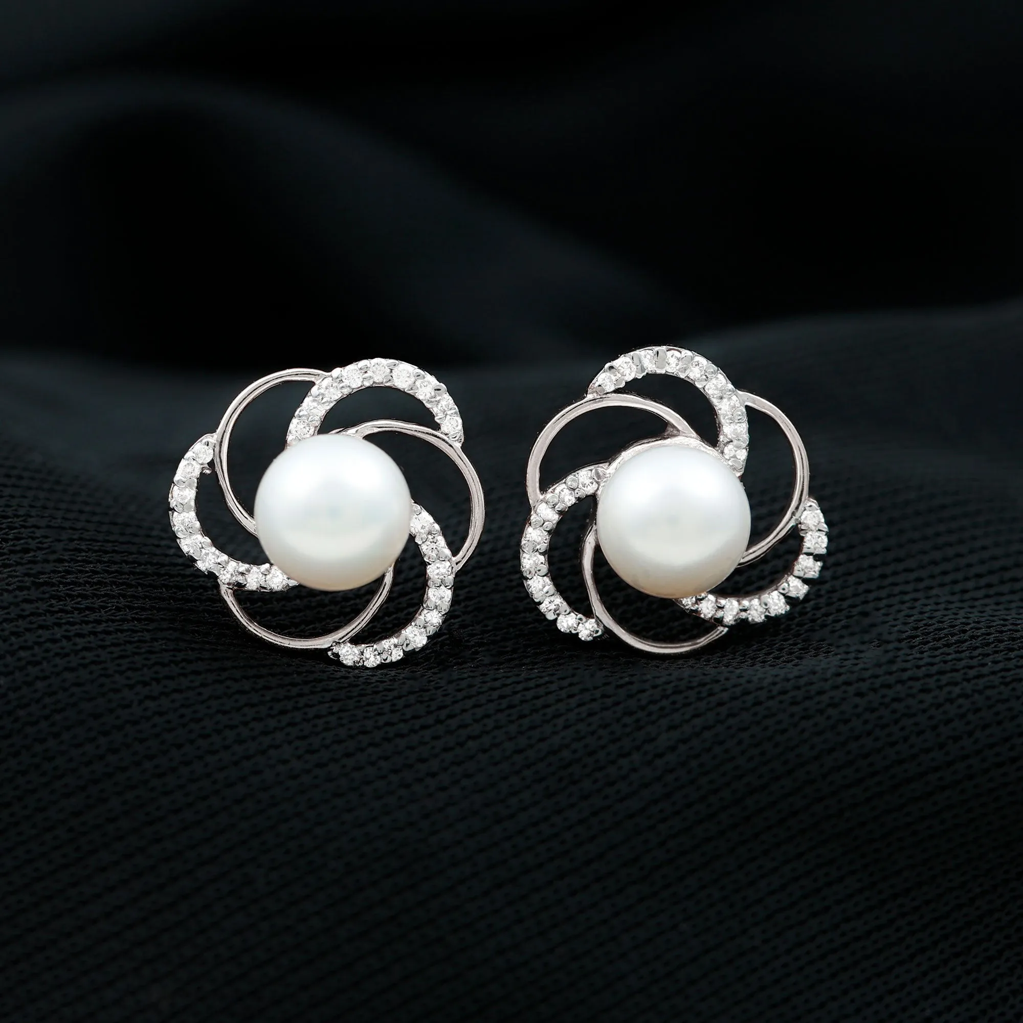 6 MM Round Freshwater Pearl Solitaire Floral Stud Earrings with Diamond Accent