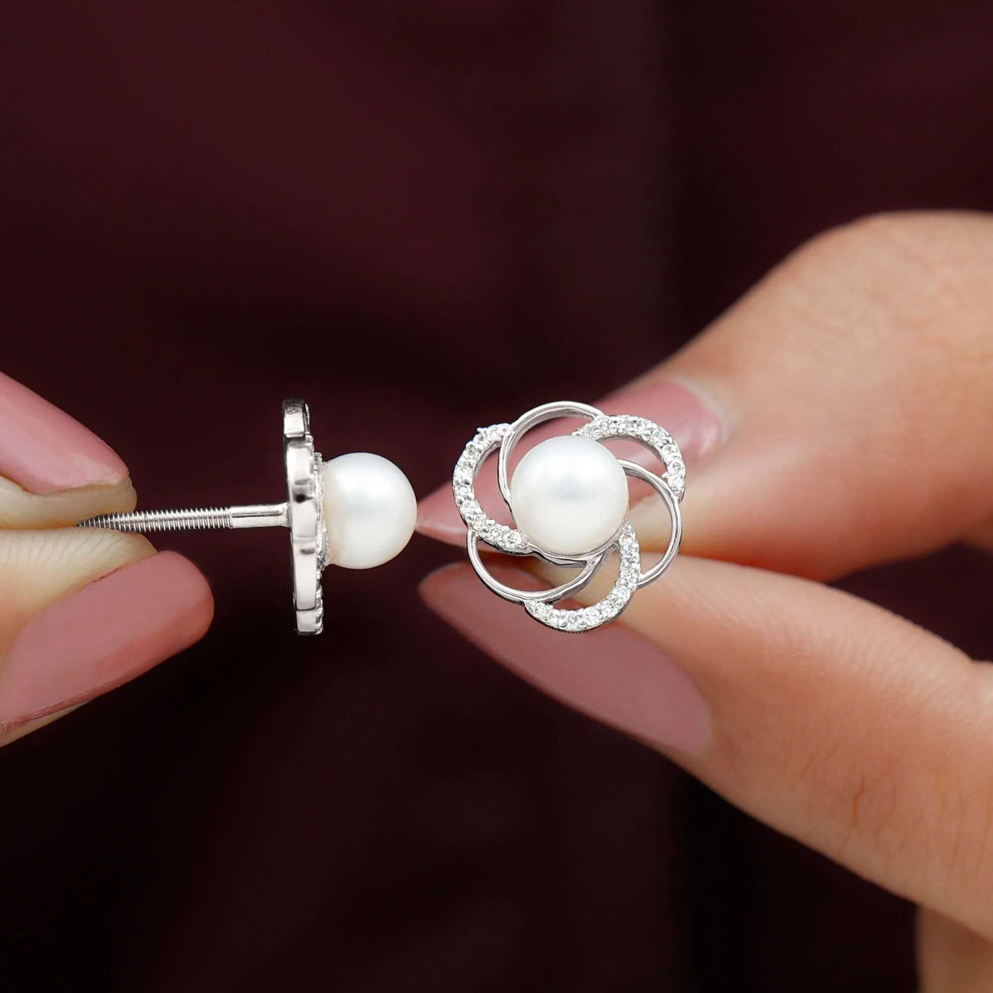 6 MM Round Freshwater Pearl Solitaire Floral Stud Earrings with Diamond Accent