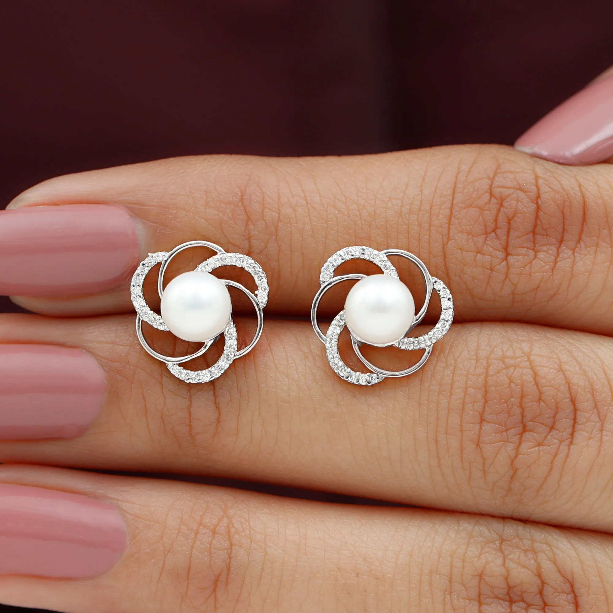 6 MM Round Freshwater Pearl Solitaire Floral Stud Earrings with Diamond Accent