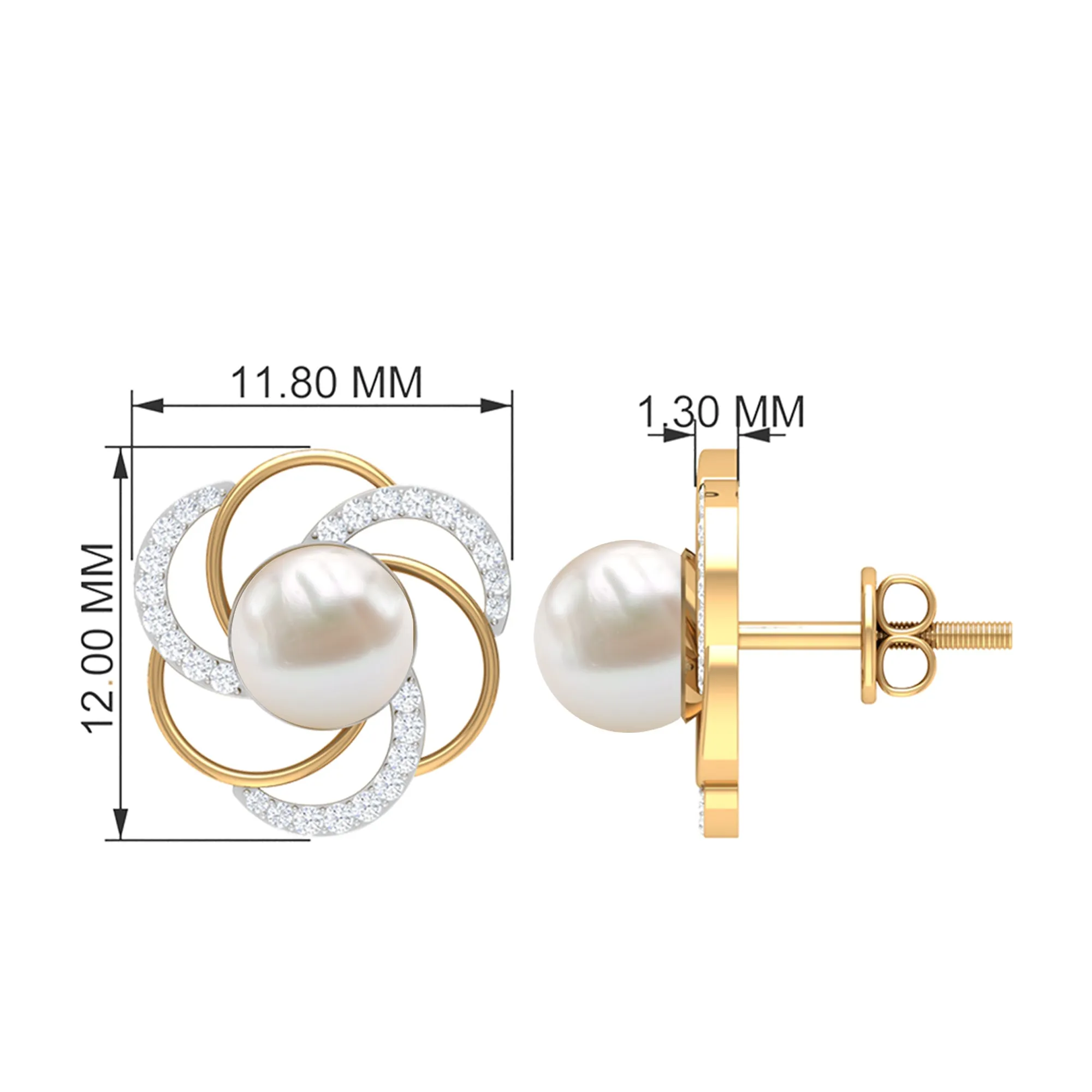 6 MM Round Freshwater Pearl Solitaire Floral Stud Earrings with Diamond Accent