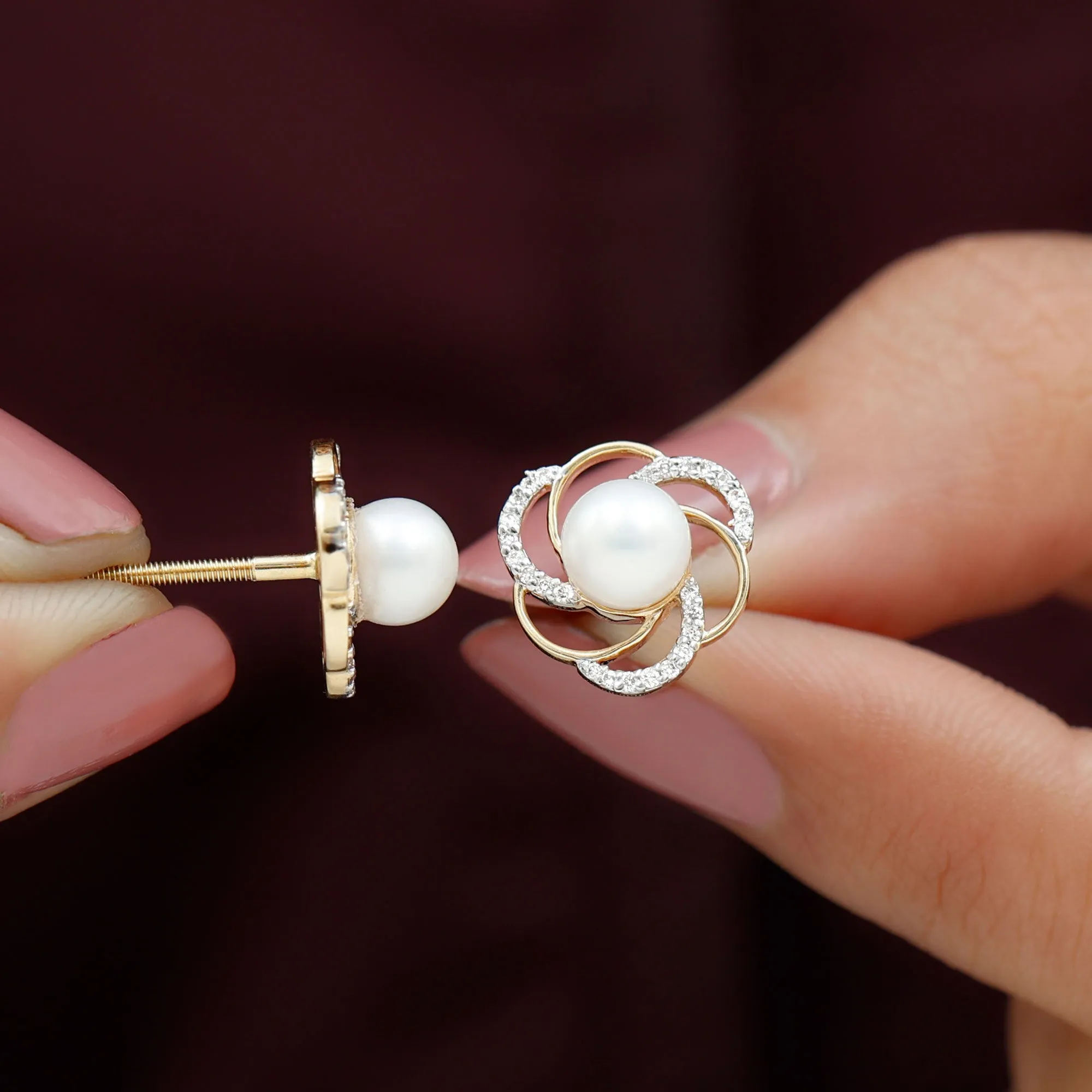 6 MM Round Freshwater Pearl Solitaire Floral Stud Earrings with Diamond Accent