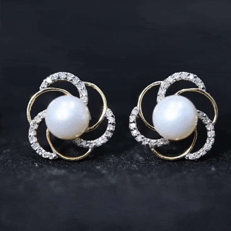 6 MM Round Freshwater Pearl Solitaire Floral Stud Earrings with Diamond Accent