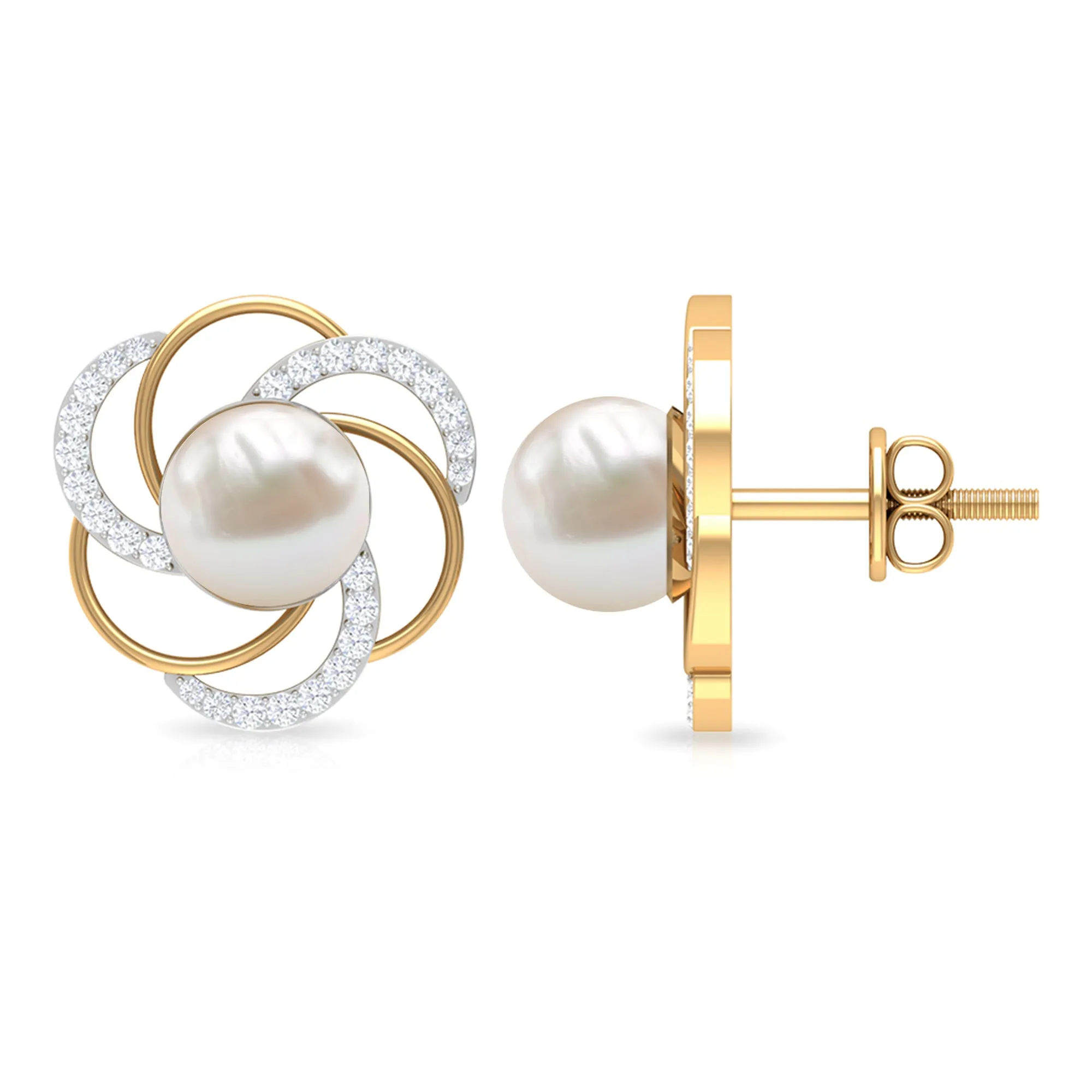 6 MM Round Freshwater Pearl Solitaire Floral Stud Earrings with Diamond Accent