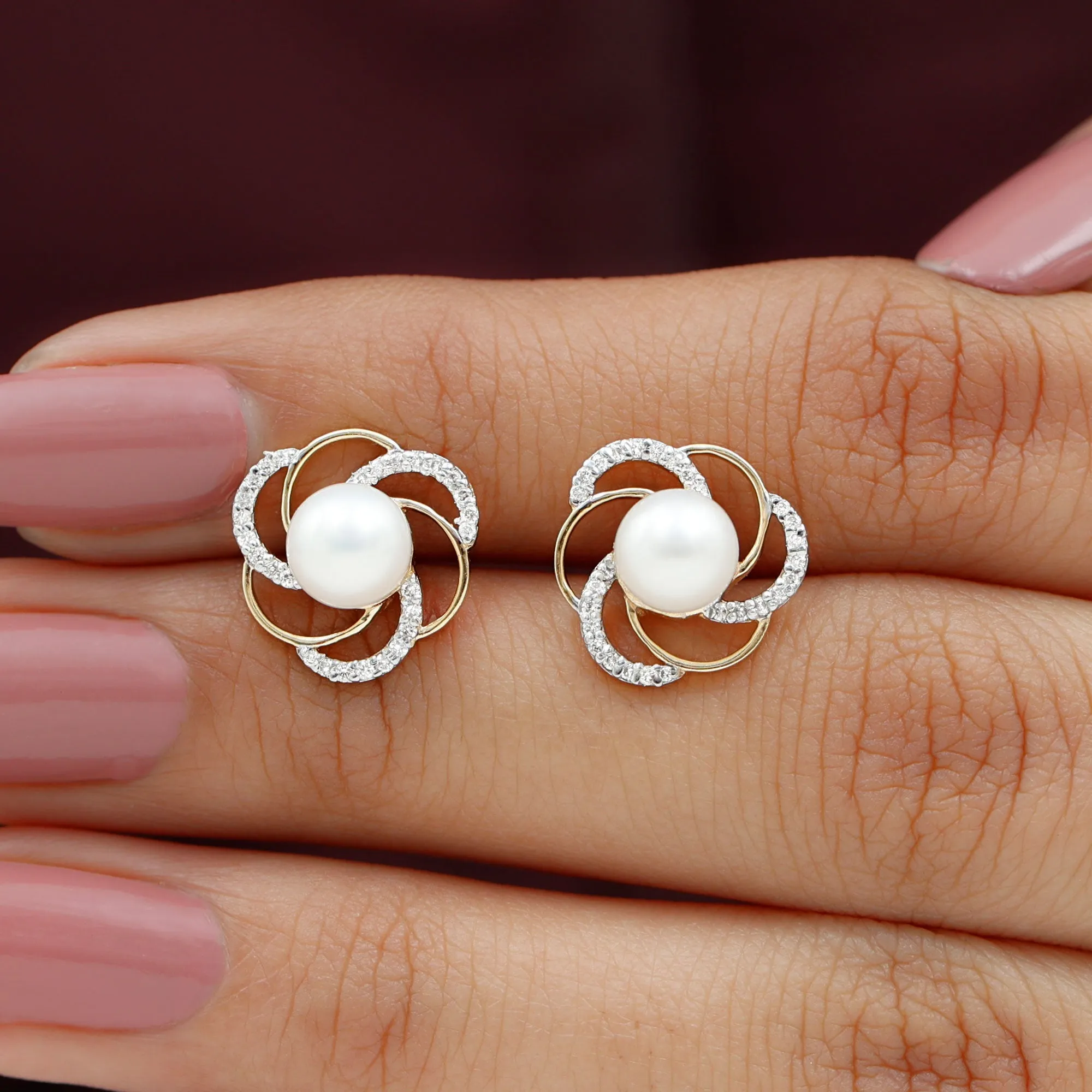 6 MM Round Freshwater Pearl Solitaire Floral Stud Earrings with Diamond Accent