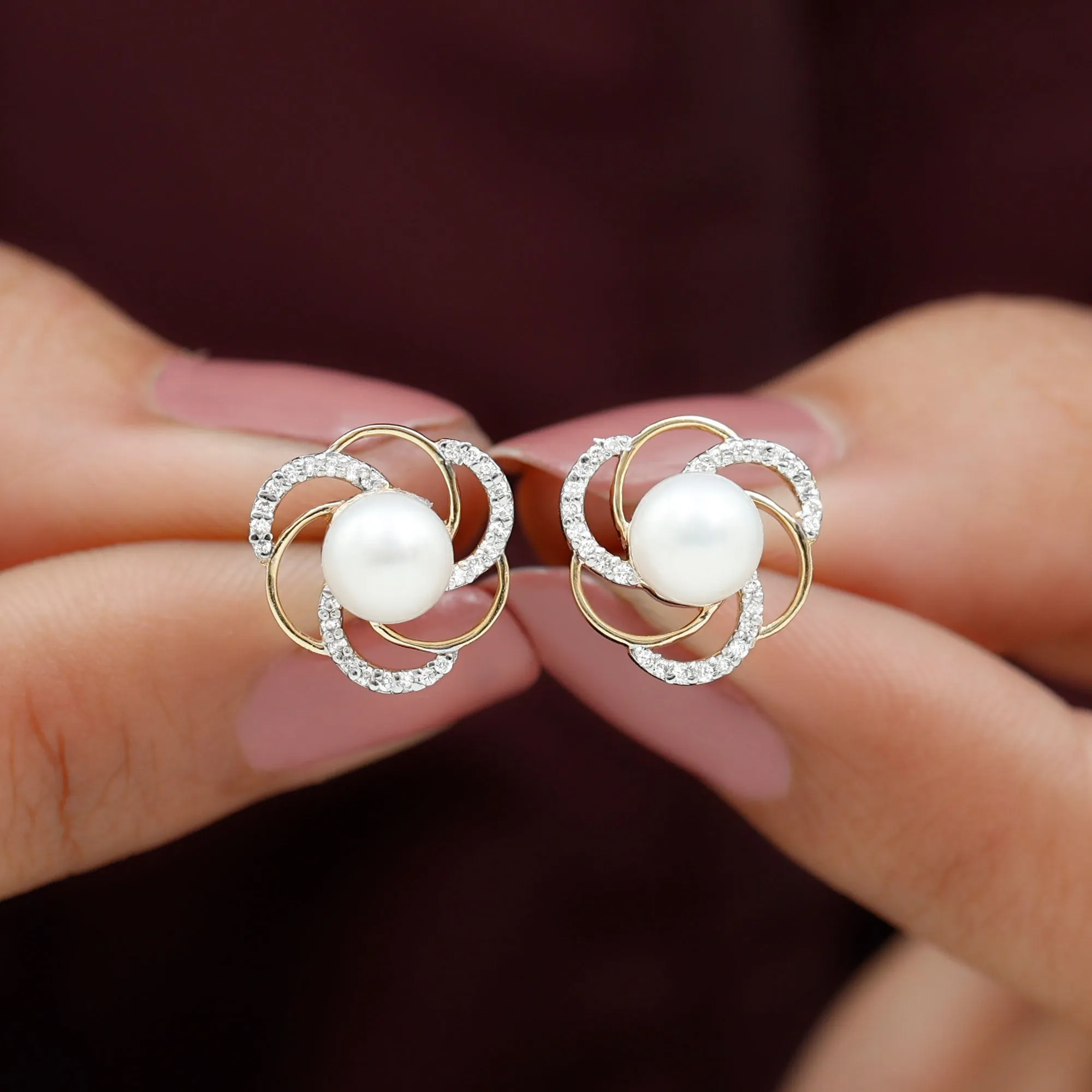 6 MM Round Freshwater Pearl Solitaire Floral Stud Earrings with Diamond Accent